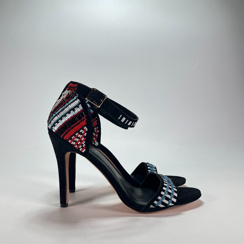 Artelier Nicole Miller Black Beaded Ankle Strap Stiletto Heels Women's Size 8.5M